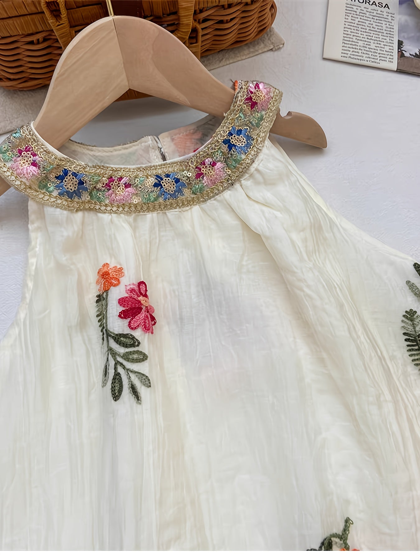 Summer New Bohemian Style Flower Embroidery Mesh Overlay Dress | Sleeveless, Non-Stretch Fabric, Flared Hem, Round Halter Neck, Ideal for Casual and Travel Vacation, Little Thin Princess Dress