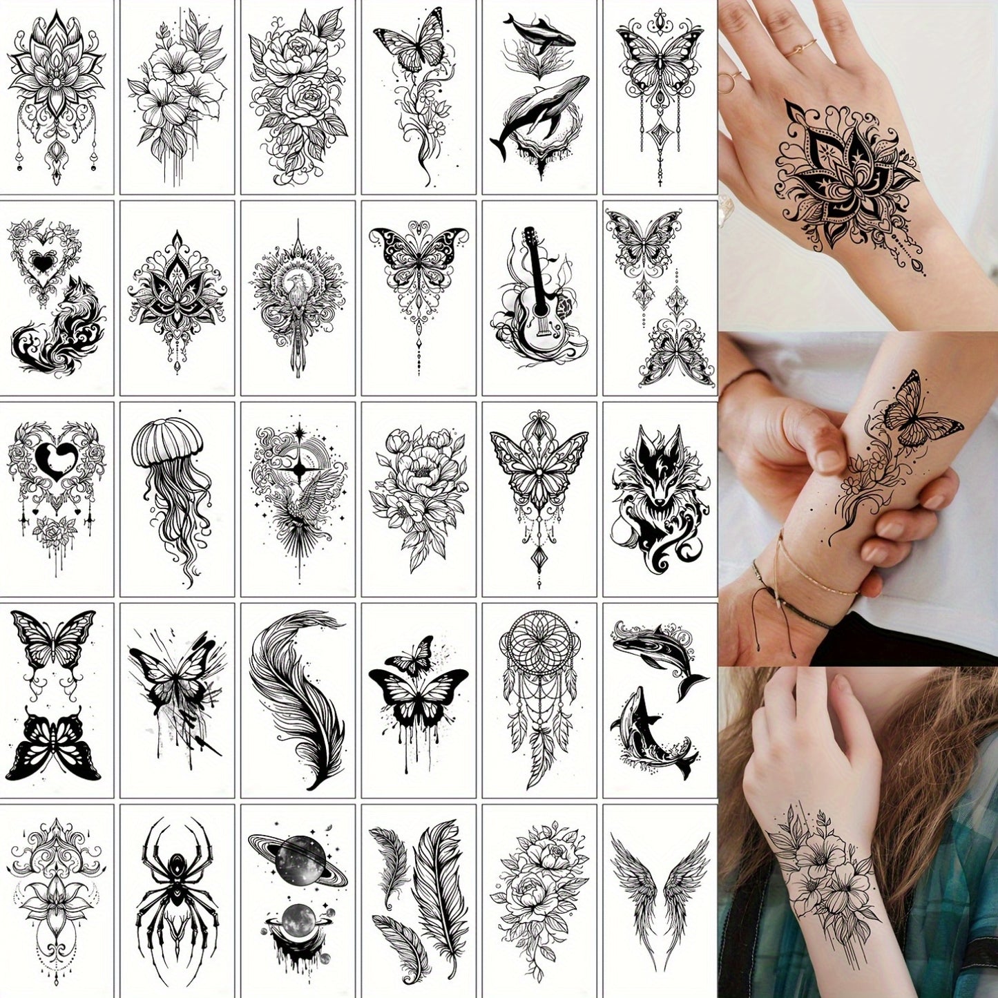 30 Temporary Tattoo Stickers, Black Butterfly Feather Wind Chime Wings Planet Spider Guitar Flower Heart Pattern Tattoo Stickers, Body Wrist Collarbone Art Waterproof Fake Tattoo Stickers Suitable for Women, Temporary Tattoo