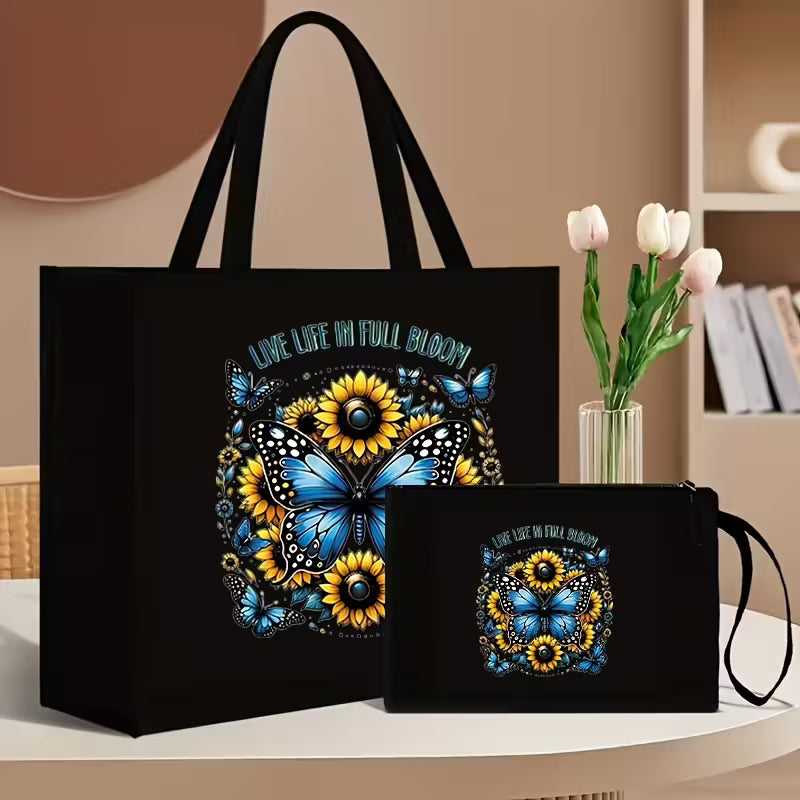 2pcs Floral and Butterfly Print Tote Bag Set with Matching Wallet