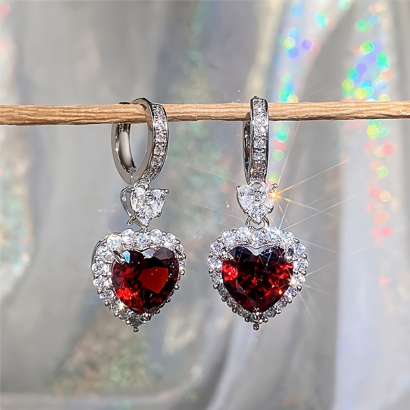 Aqua Blue Red Stone Heart Shaped Wedding Earrings for Women Eternity Love Earrings Engagement Additions Fashion Jewelry