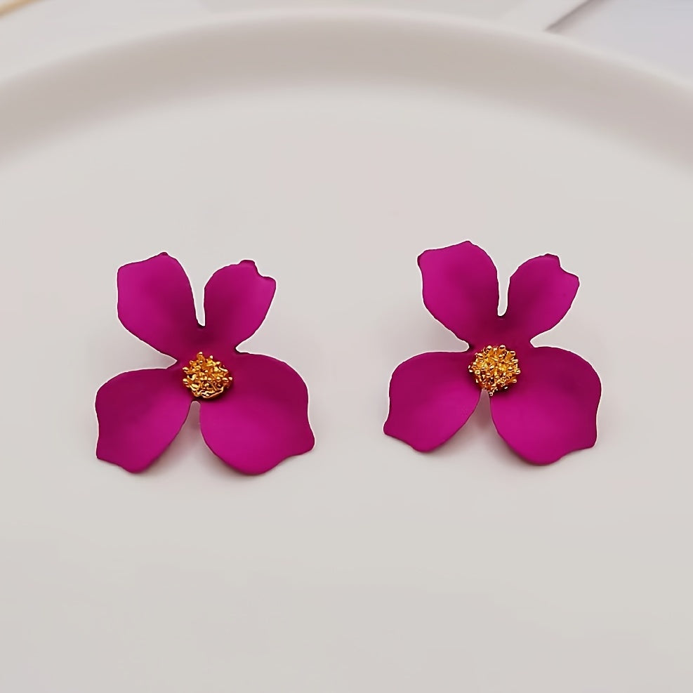 1 Pair of Exquisite Three Dimensional Four Petals Flower Stud Earrings - Fashion Bohemian Chic Design, Durable Zinc Alloy Construction, Luxurious 14K Gold Plating - Elegant Style for Special Occasions