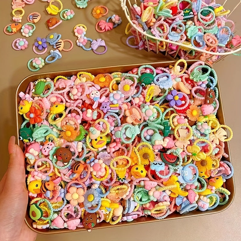 [60pcs Hair Ties] 60pcs Hair Ties, Cartoon Animals Flowers Fruits Decor Hair Bands | Baby Girls Decorative Hair Accessories Set Holiday Gift