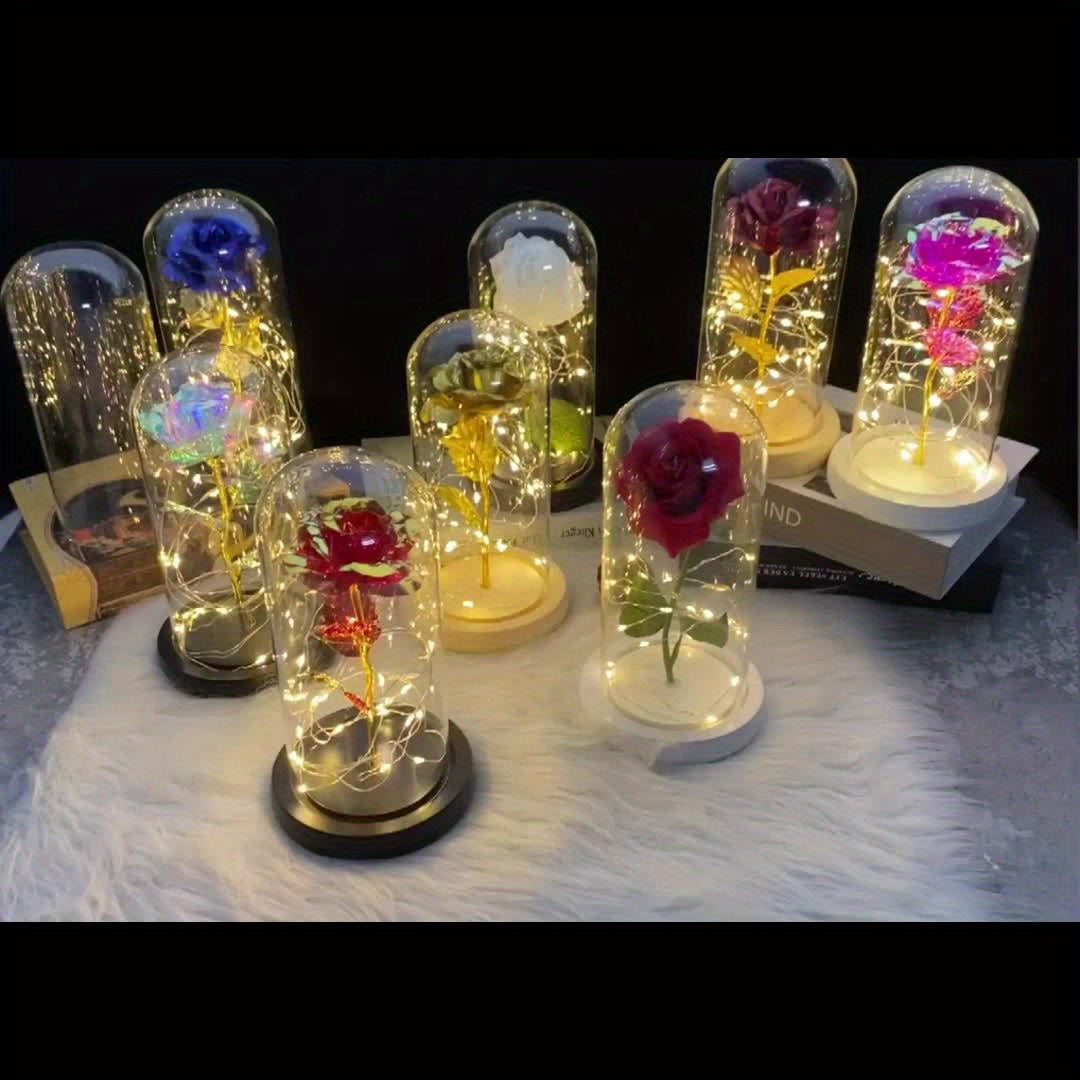 1pc Eternal Rose LED Light Foil Flower In Glass Cover, Mothers Day Wedding Favors, Valentines Day Gift For Girlfriend, Galaxy Rose Flower Dome Glass, LED Night Light Lovers Gift Decor