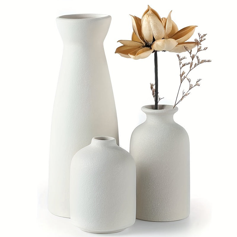3-Piece Ceramic Matte Vase Set - Stylish & Rustic Chic Decor for Farmhouse Living - Modern Minimalist Centerpiece, Perfect for Pampas Grass, Dining Table, Bookshelf & Boho Home Aesthetics
