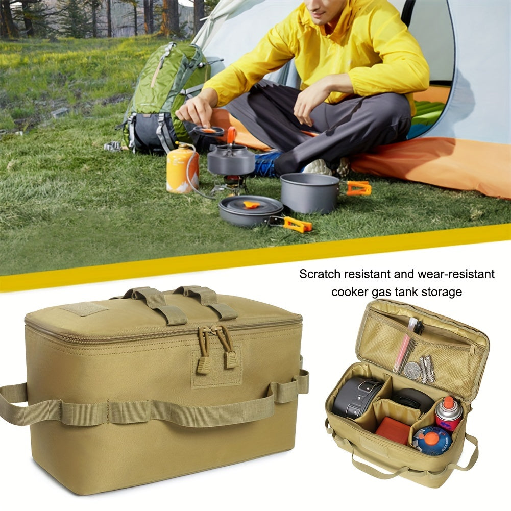 Rugged Comfort| Durable Oxford Cloth Camping Gas Tank Storage Bag with Ground Nail & Cookware Compartments - Portable, Multi-Pocket Design for Outdoor Adventures, Green