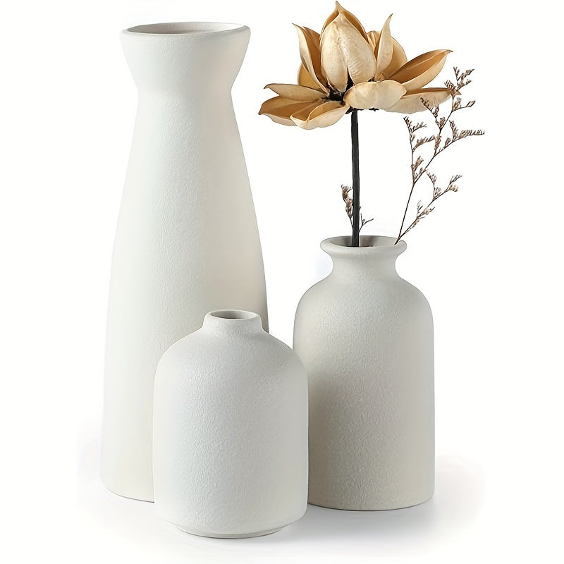 3pcs Bohemian Ceramic Vase Set - Matte Finish, Geometric & Floral Designs for Elegant Home Decor | Ideal for Living Room, Entryway, Bookshelf, Wine Cabinet, TV Stand Display, Vases Home Decor
