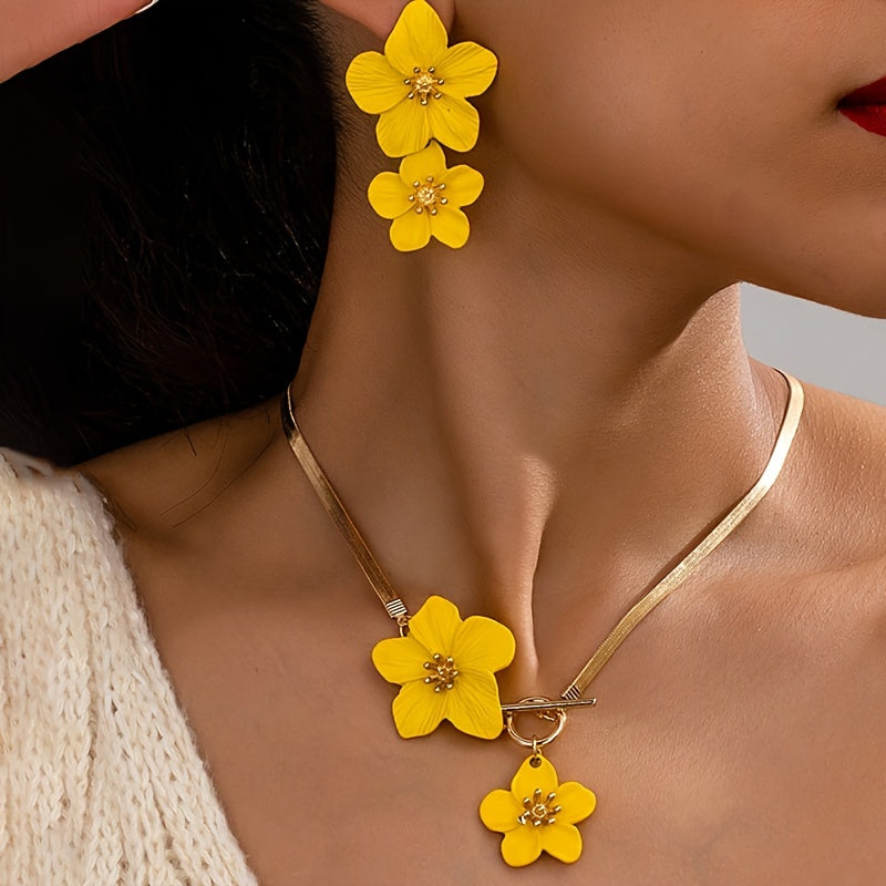 2pcs/set Fashionable and Elegant Flower Pendant Necklace and Earrings Jewelry Set Suitable for Women's Daily Gatherings, Parties, Holiday Travel, and as a Gift for Your Wife on Festivals