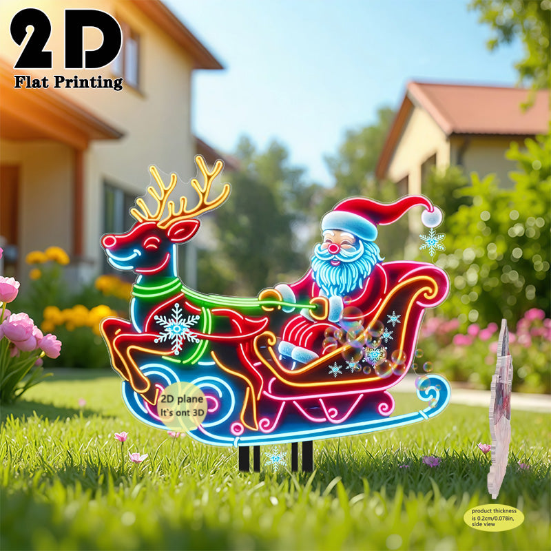 2D Flat, 1pc Neon-Lit Self-Lit Santa & Reindeer Sleigh Garden Stake - Glowing Outdoor/ Christmas Yard Decoration with Plug-Free, Durable Plastic Lawn Sign for Ground, Flower Beds, Parties (Easy Install, Holiday Decor), 2D Fla