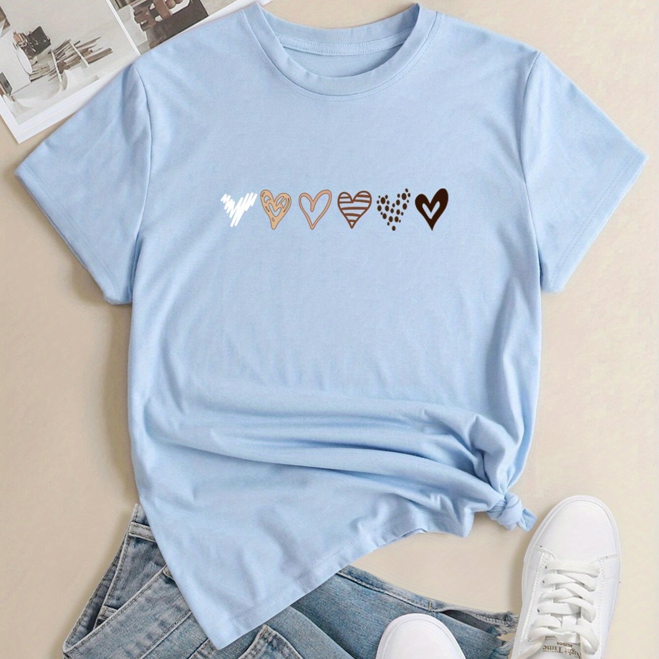 Chic Heart Motif Womens T-Shirt - Soft, Breathable Fabric - Perfect for Spring & Summer Leisurewear