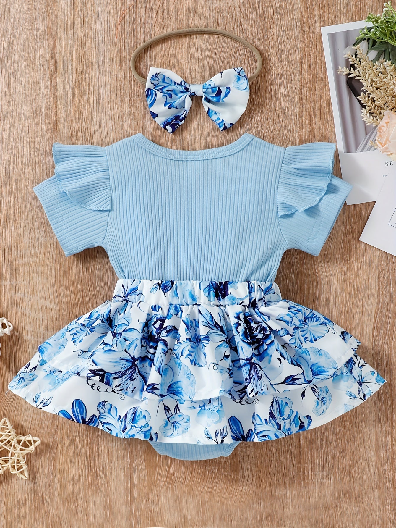 Baby Girls Spring Summer New Floral Skirt Swing Short Sleeve Romper Puffer Coat + Bow Headband Set, Suitable For Outdoor Wear