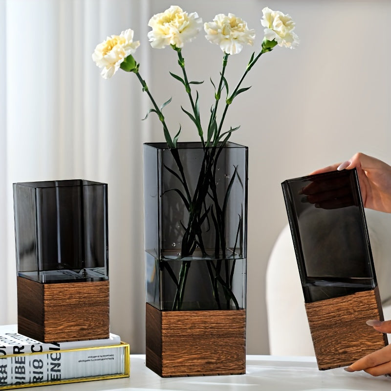 Acrylic Elegant Nordic-Style Vase with Wooden Base - Perfect for Living Room Decor & Floral Arrangements, Ideal Gift for Christmas, Thanksgiving & More