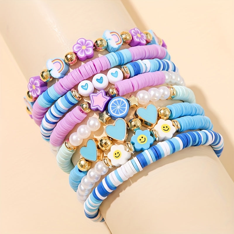 [Sweet Cute Bracelet Set] 8pcs Sweet Cute Pink Soft Clay Bracelet Set | Dragon Fruit Flower Heart Element for Women - Perfect for Valentine's Day and Music Festivals