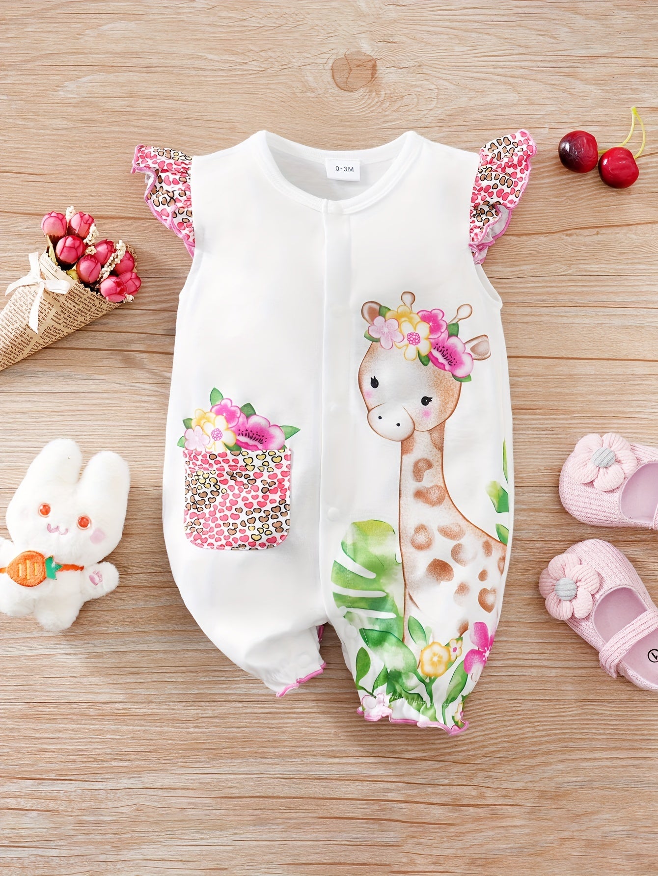Baby Girls' Casual Romper - Cartoon Deer Print, Crew Neck, Polyester Knit Fabric with Slight Stretch - Summer Outdoor Wear | Flutter Sleeves | Hand Wash Only