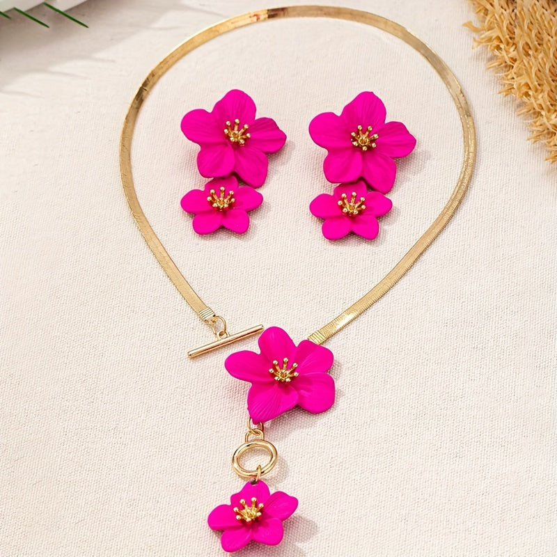 2pcs/set Fashionable and Elegant Flower Pendant Necklace and Earrings Jewelry Set Suitable for Women's Daily Gatherings, Parties, Holiday Travel, and as a Gift for Your Wife on Festivals