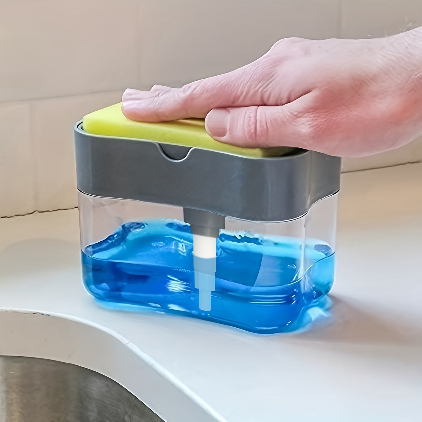 Modern Plastic Dish Soap Dispenser with Sponge Holder, Lightweight Square Kitchen Sink Accessory, Space-Themed Solid Colour Design, Hand Wash Only