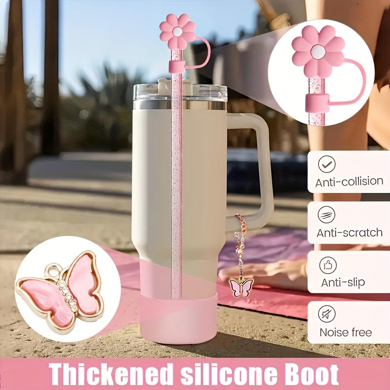 6pcs Cup Accessories Set for 40oz/30oz Tumbler, Include Glitter Straw and Brush, Flower Straw Cover Cap, Silicone Boot, Butterfly Charm Chain, Perfect for Outdoor Sport, Ideal Valentine's Day Gift, Mother's Day Gift