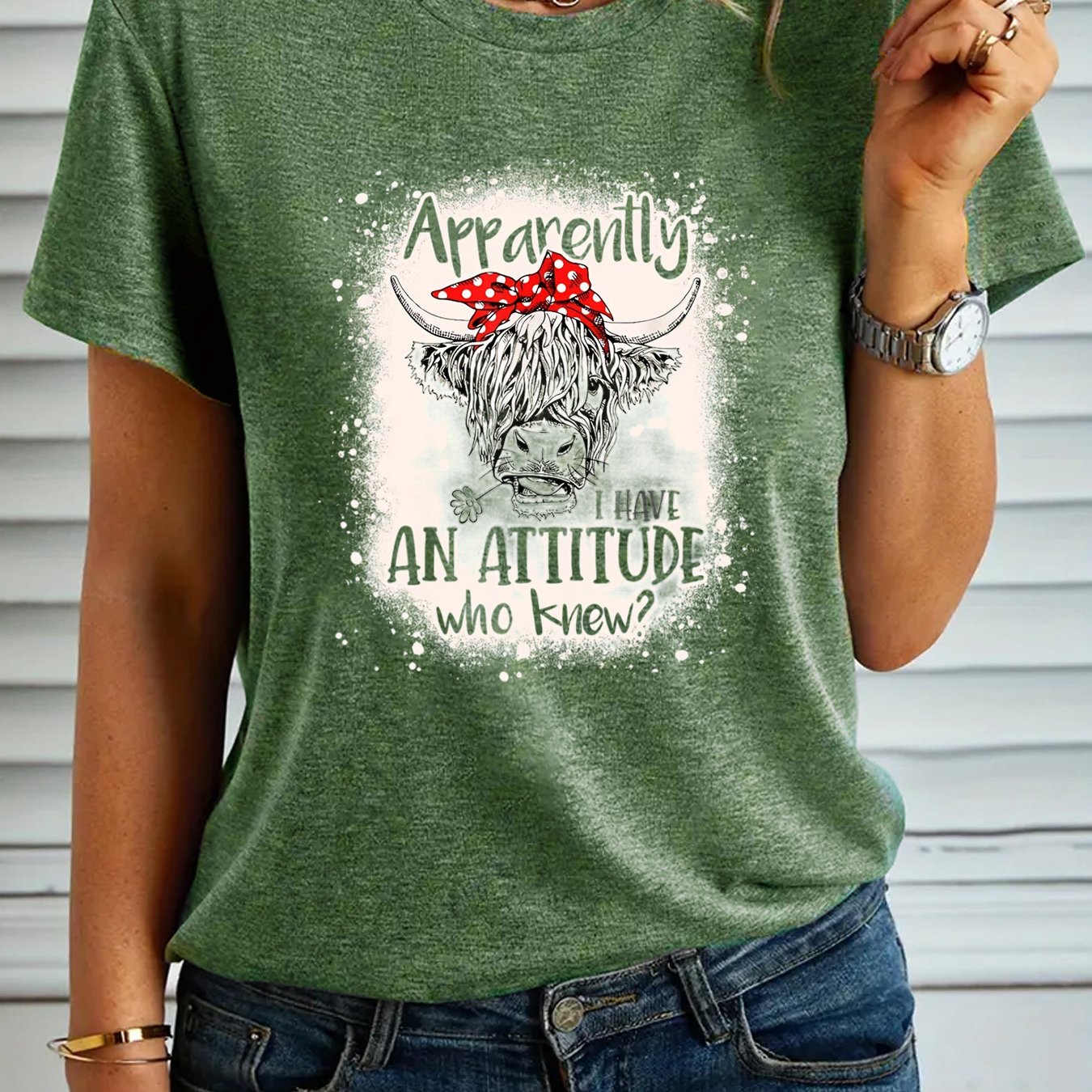 Women's Fashion T-shirt, "Apparently I Have An Attitude Who Knew" Highland Cow Pattern Casual Short Sleeve Top