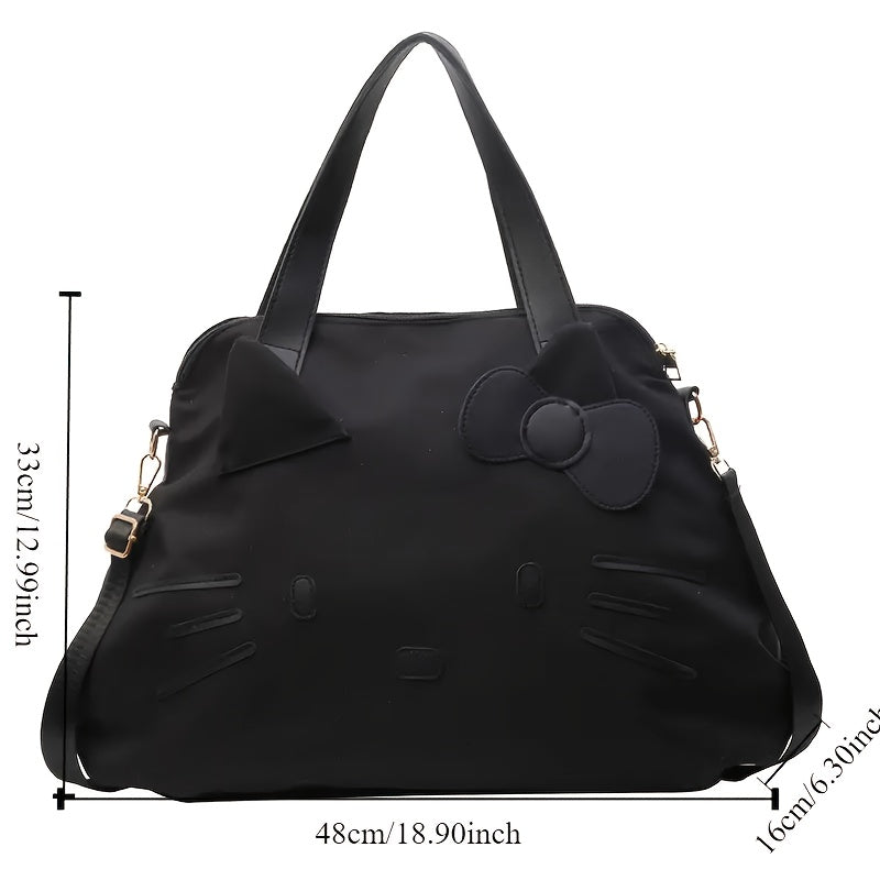SANRIO Black Nylon Tote Bag with Zipper Closure, Detachable Shoulder Strap, and Cute Character Design for Short Trips, Business Travel, and Daily Use