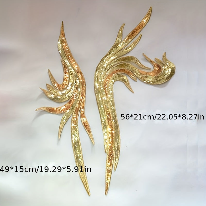 Pair of Golden Embroidered Sequin Flower Decorative Patches - Used for Wedding Dresses, Fashion Clothes and Skirts Decoration Fabrics - DIY Hand Embroidery Design
