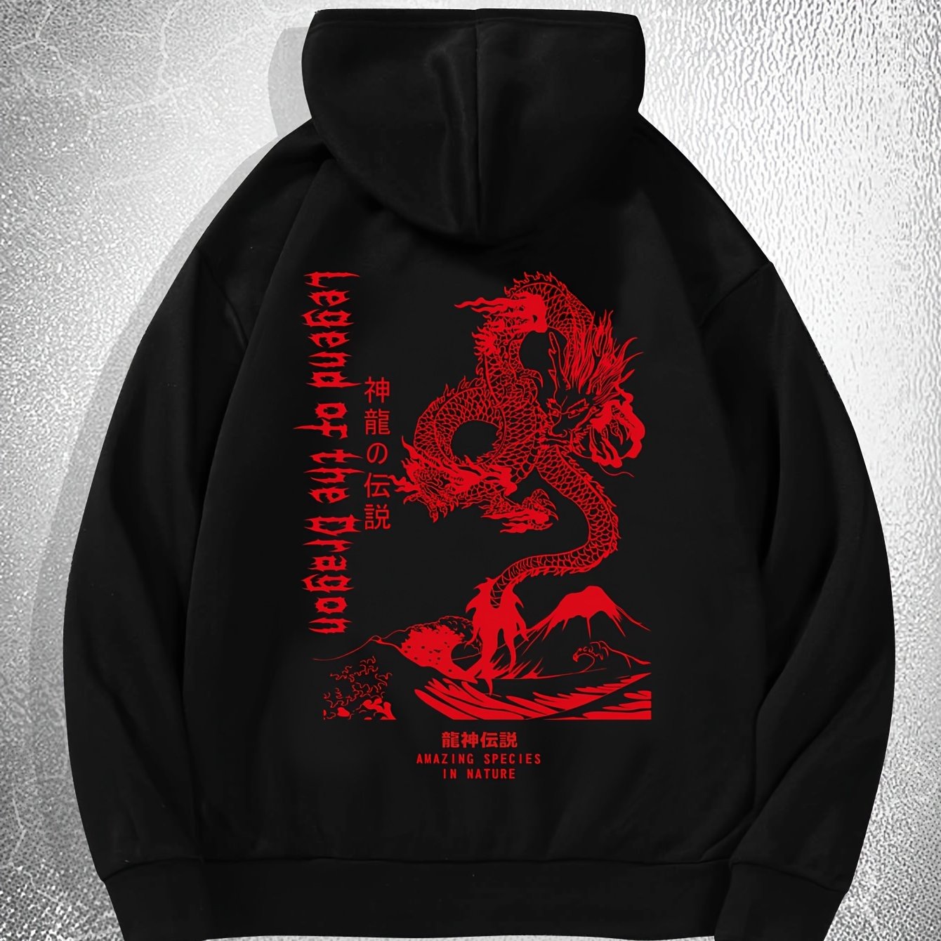 [Dragon Print Hoodie] White Polyester Dragon Print Hoodie - Casual & Trendy, Long Sleeves, Drawstring Hood - Streetwear Style