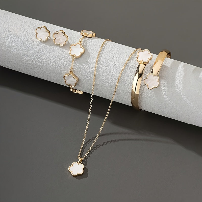 Clover Flower Jewelry Set, Elegant Sexy Style, Includes Clover Bracelet, Bangle, Stud Earrings, And Necklace Delicate Female Jewelry Set