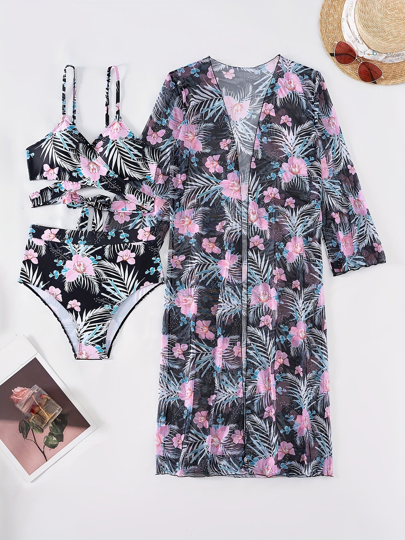 3 Piece Set Stretchy Floral Print Long Sleeve V Neck Tie Back Swimsuits - High Stretch Polyester Bikini Set with Kimono Cover Up - Perfect for Swimming and Beach Activities