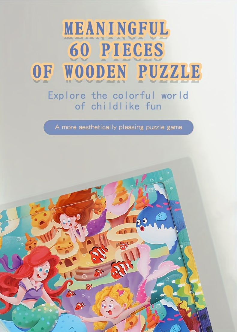 60pcs Wooden Large Piece Children's Cartoon Puzzle, Early Education Enlightenment Education Hands-on Ability Assembled Cute Mermaid Cartoon Character