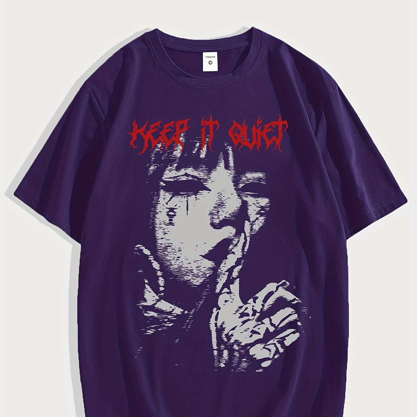 Men'S Keep it Quiet Gothic Character Graphic Tee - Casual Polyester Short Sleeve T-Shirt with Bold Red Lettering, Crew Neck, Spring/Autumn Streetwear
