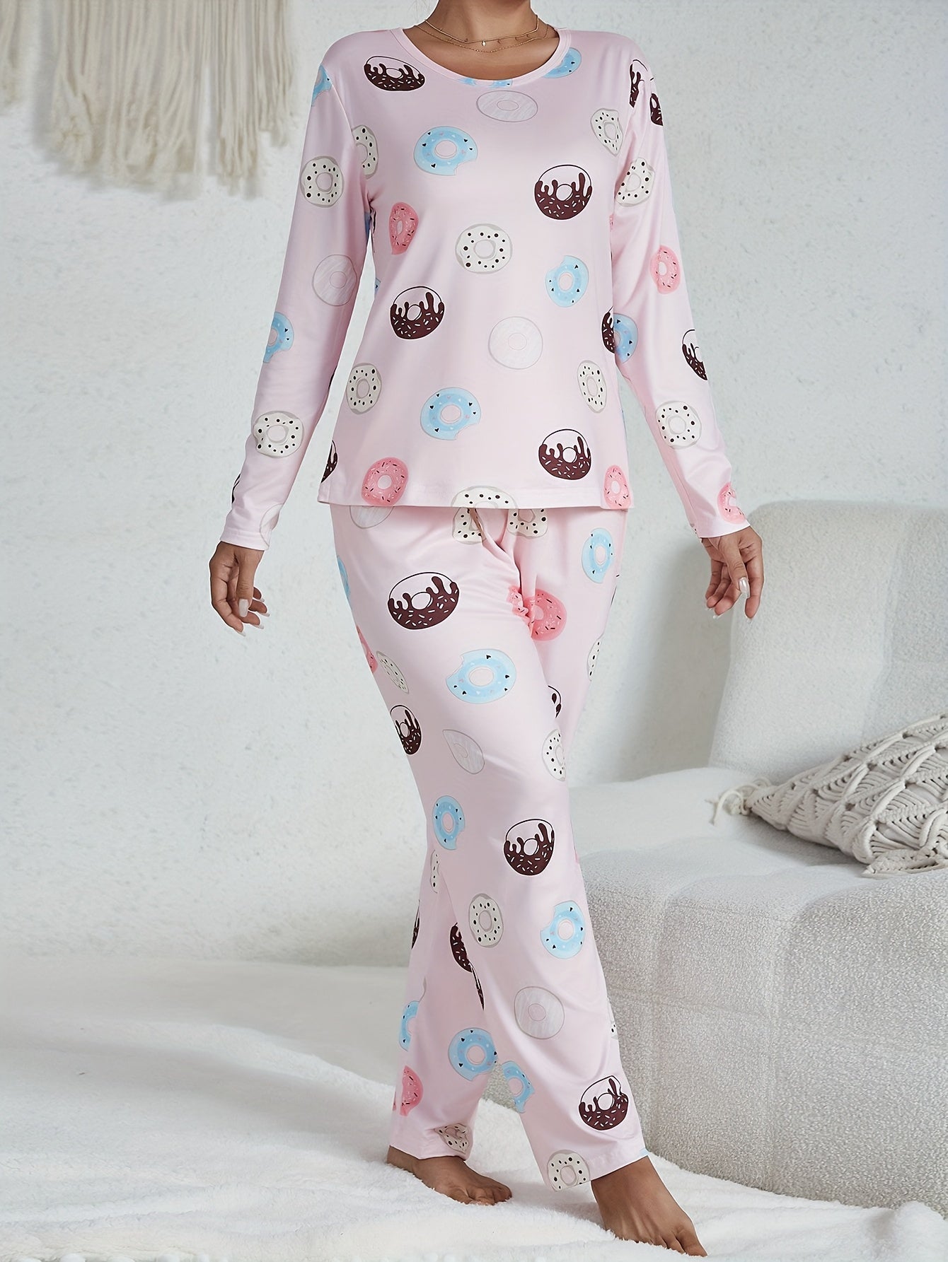 Comfy Women's Pajama Set with Sweet Cartoon Donut Design - Long Sleeve Round Neck Top & Elastic Waistband Pants, Cozy Sleepwear for Valentine's Day