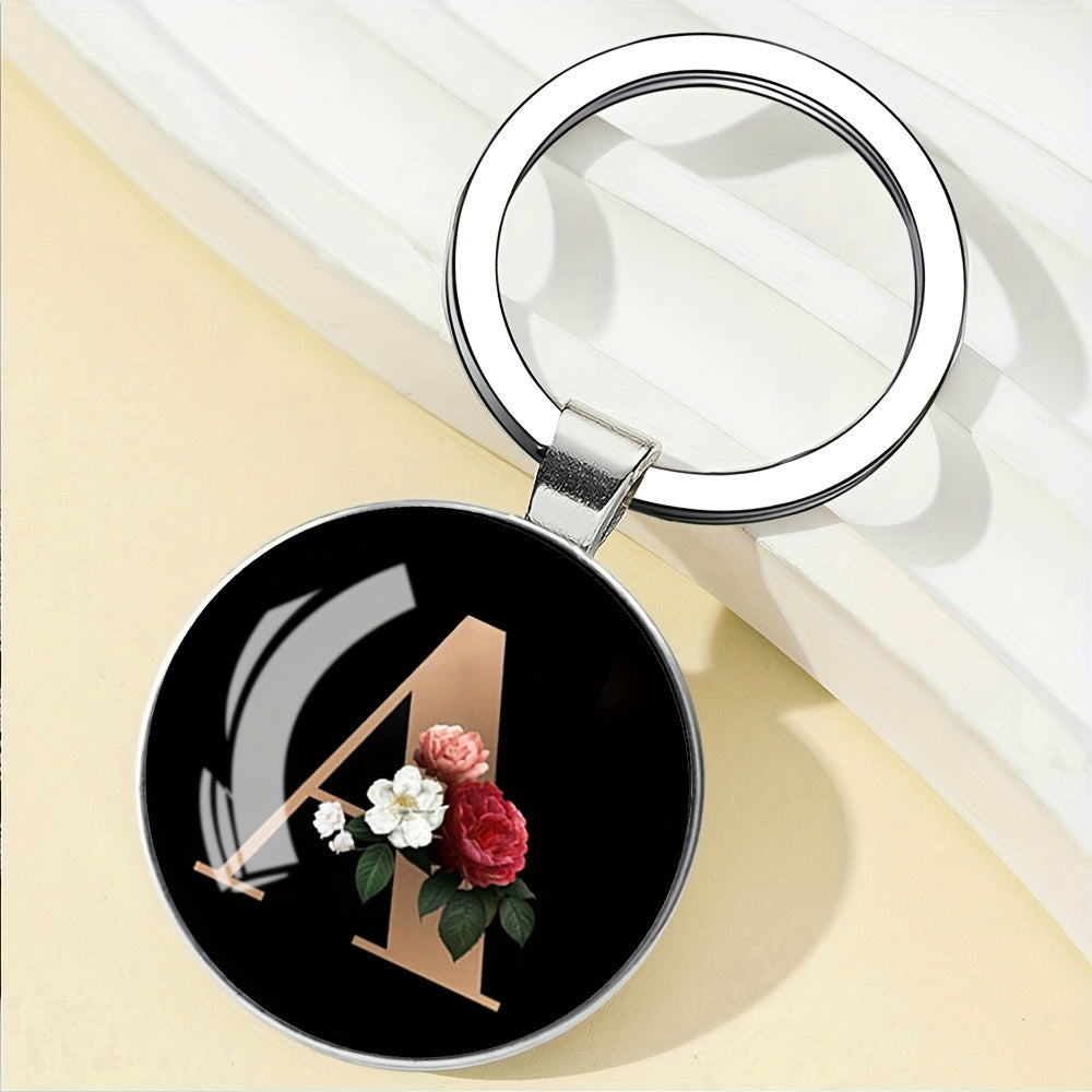 1pc Elegant Floral Alphabet Glass Keychain, Round Character-Themed Alloy Keyring, Romantic Collegiate Style Accessory, Ideal for Birthday, Anniversary, Graduation, Bridal Shower Gifts, and Festive Occasions - Christmas, Hallo
