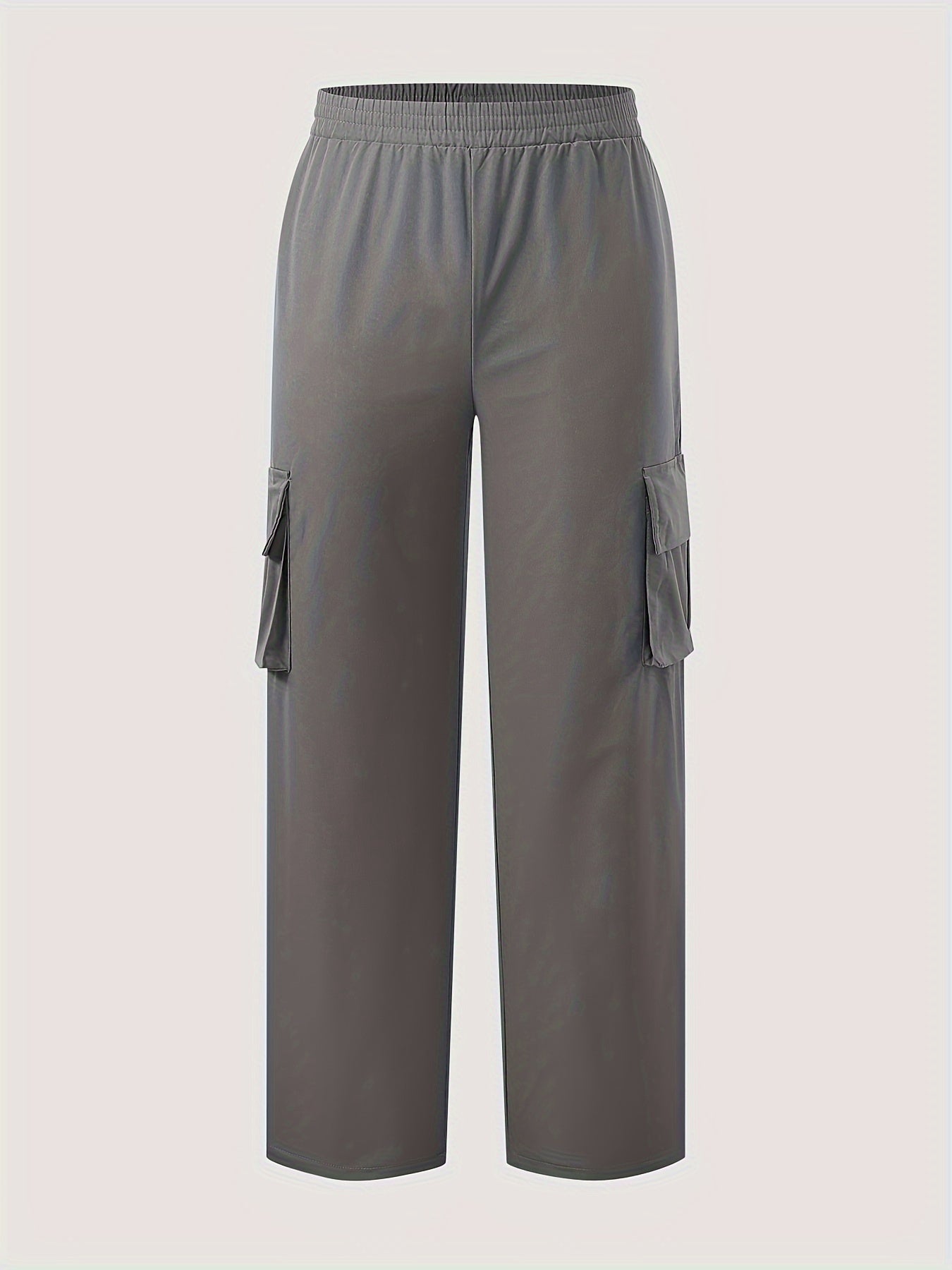 Solid Color Flap Pockets Straight Legs Trouser, High Waist Casual Wide Legs Cargo Pants, Women's Sweatpants