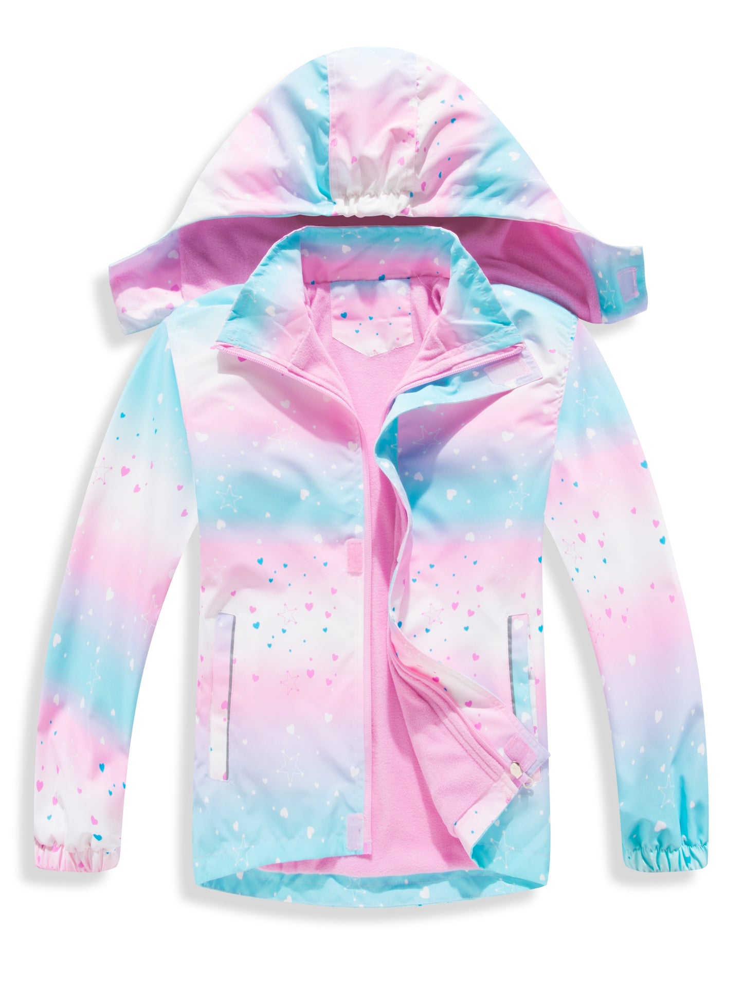 Girls' Gradient Color Hooded Jacket - Lightweight Windproof Winter Coat with Removable Hood, Zipper Closure & Animal Print Design for Casual Outings & Outdoor Play, Hooded Coat, Playful Design