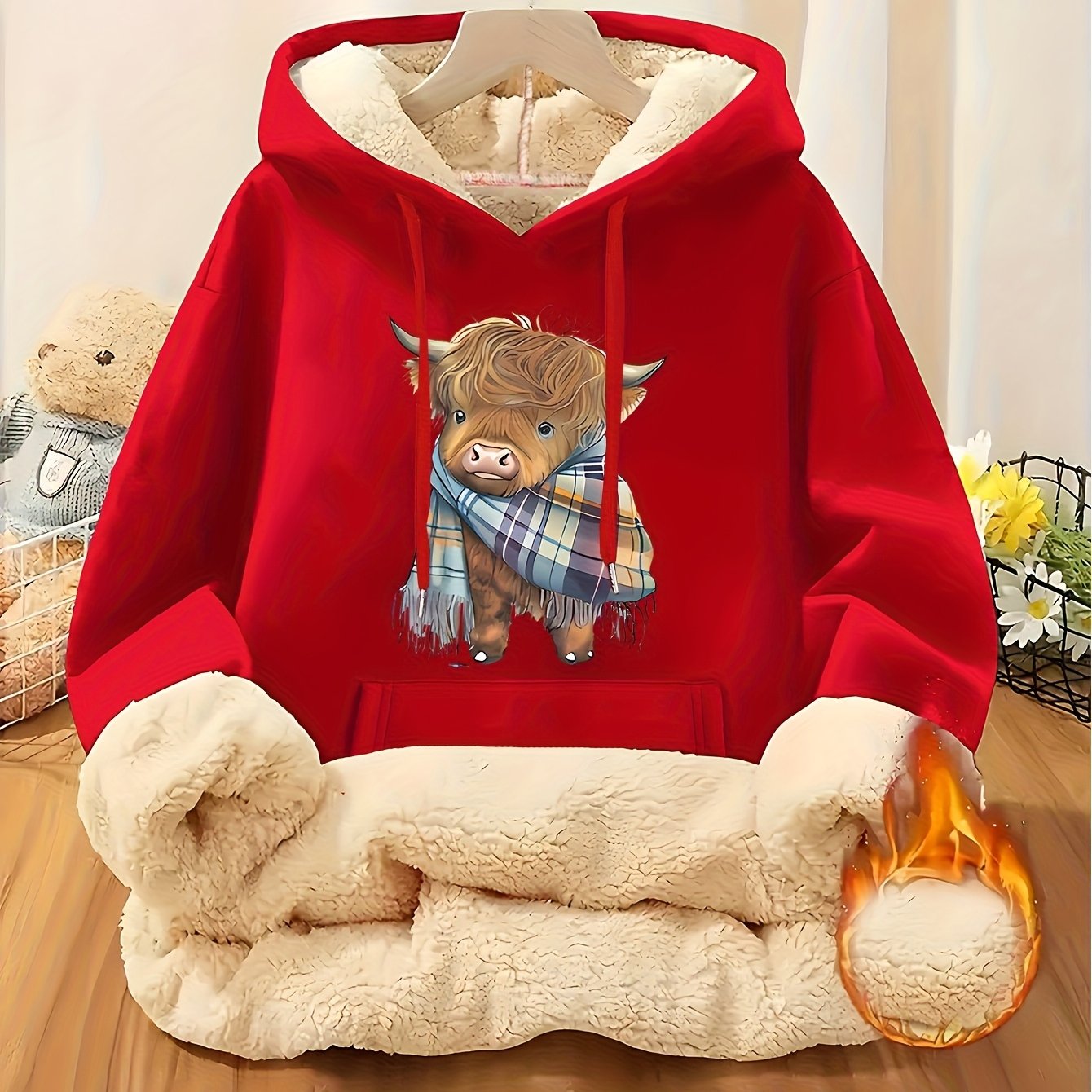 Women's Highland Cow Print Fleece Hooded Sweater - Thickened Winter Warmth, Cozy Plush Lining, Casual Retro Pullover with Pocket, Pink Scottish Cow Design, Sizes XS-XXL (Machine Washable) for Spring, Fall & Winter Layering