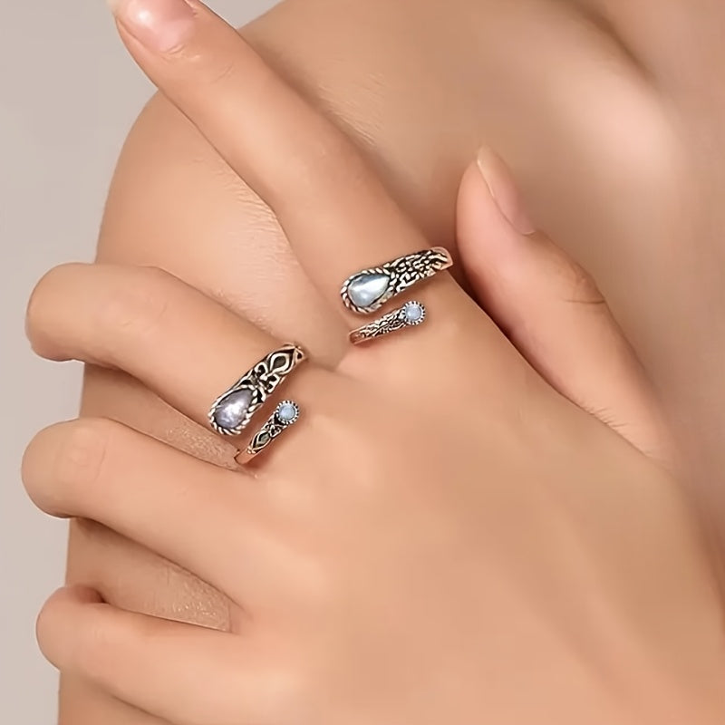 Bohemian Flower Moonstone Ring for Women - Adjustable Open Ring with White Copper, Vintage-Inspired Design for Daily Wear & Special Occasions, Vintage Jewelry, Bohemian Style, Moonstone Accent