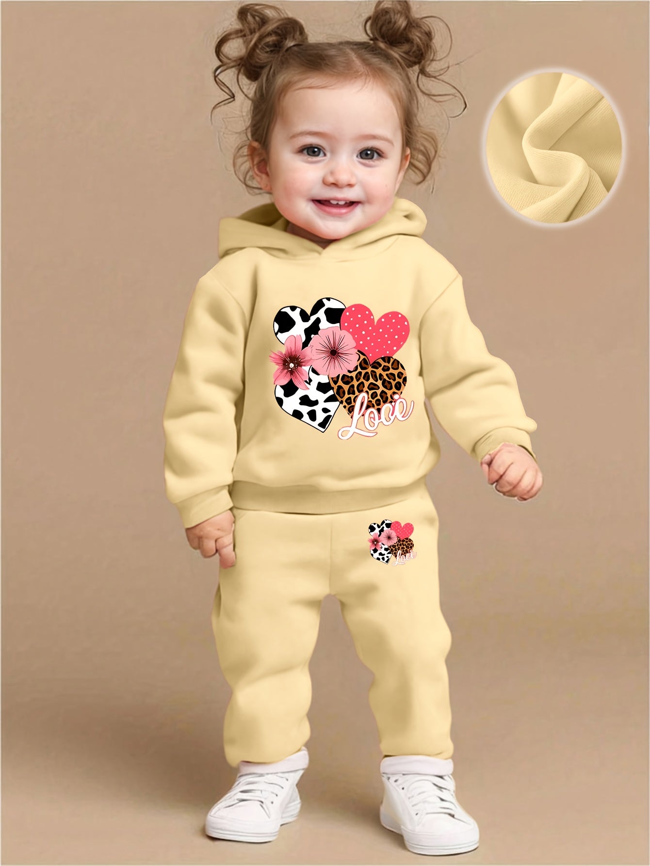 Baby Girl Love Love Flower Pattern Hoodie+Casual Pants Two Piece Set Spring and Autumn Sportswear, Perfect for Outdoor