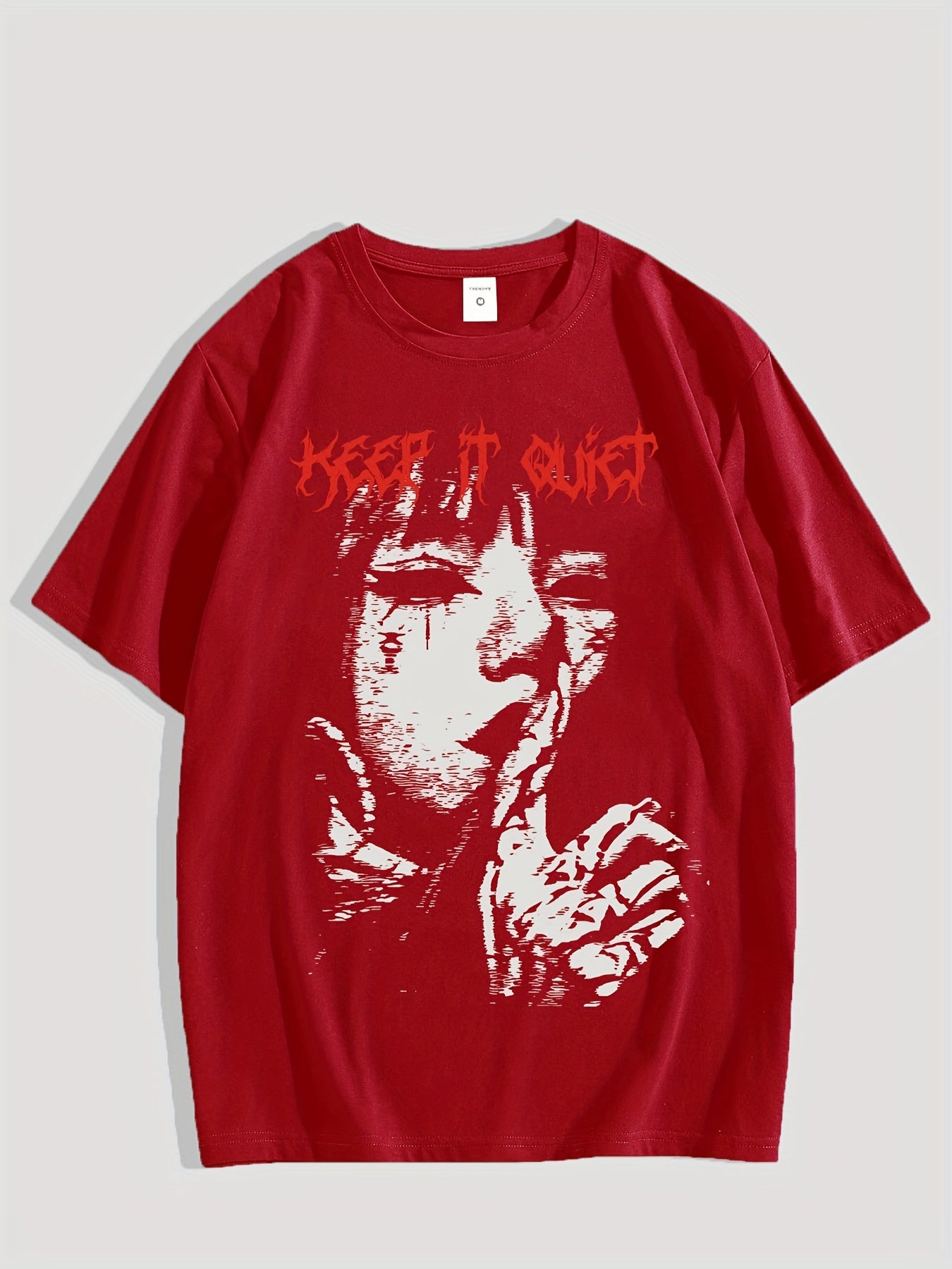 Men'S Keep it Quiet Gothic Character Graphic Tee - Casual Polyester Short Sleeve T-Shirt with Bold Red Lettering, Crew Neck, Spring/Autumn Streetwear