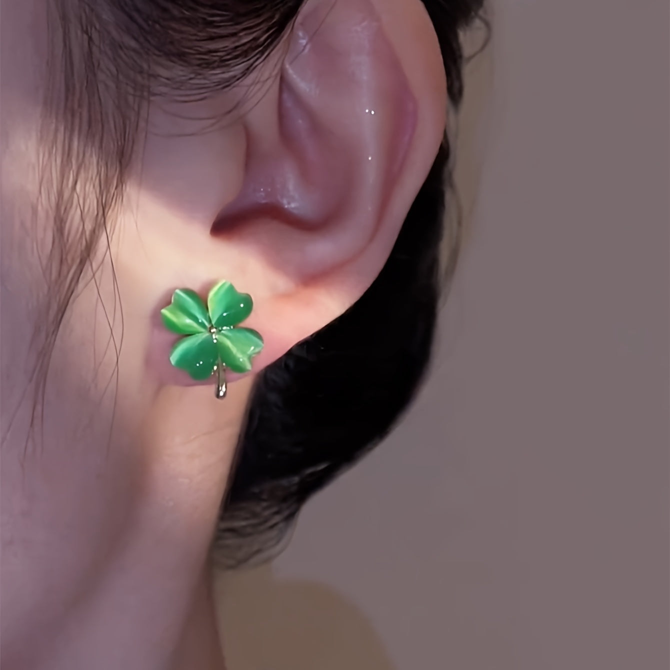 St. Patrick's Day Green Lucky 4-Leaf Clover Opal Stud Earrings 14K Gold Plated Ear Jewelry Festival Ornaments Gift