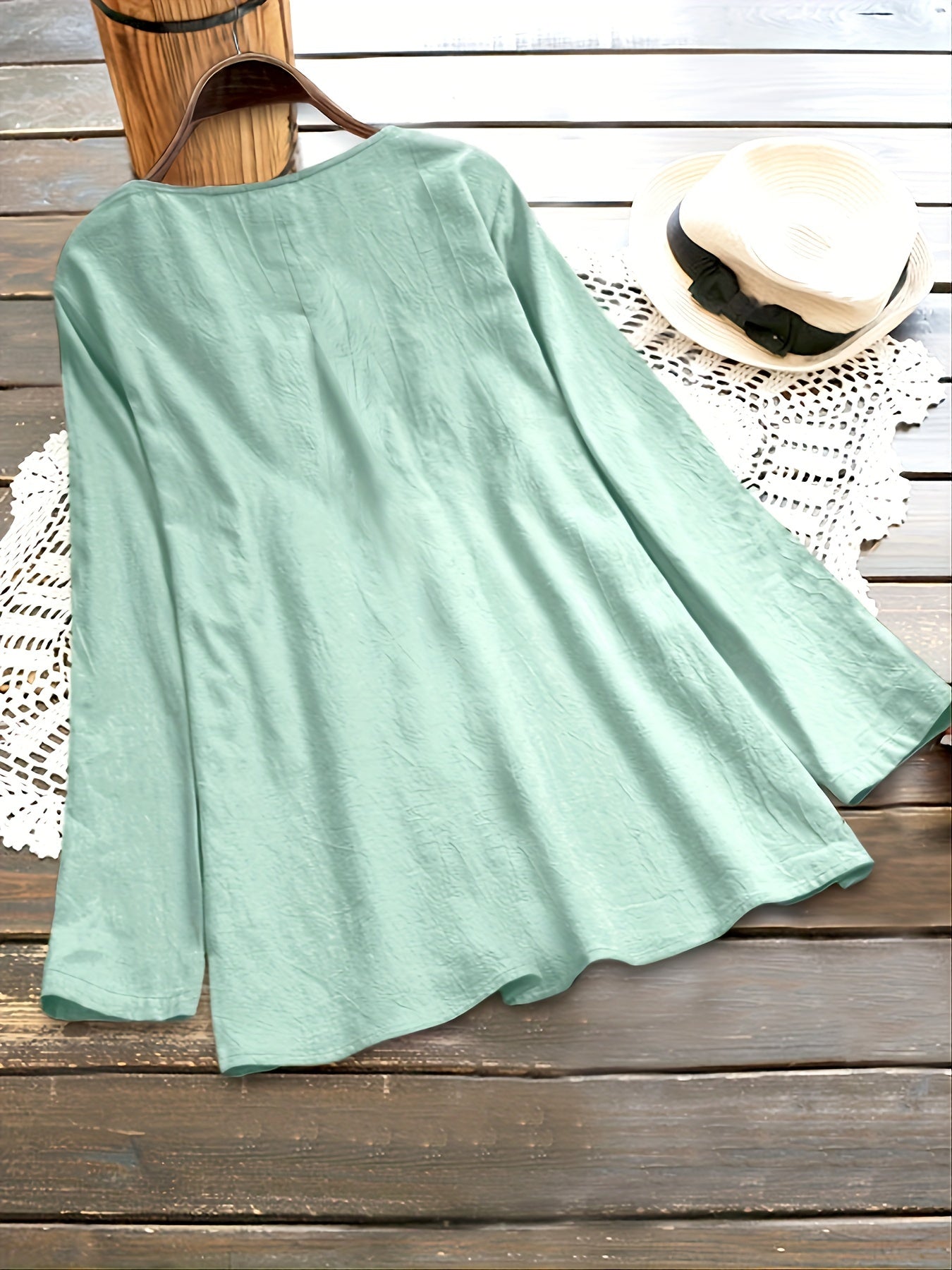Plus Size - Plus Size Women'S Long Sleeve Loose Fit Round Neck Blouse - Light Green Pleated Casual Shirt with Button Details, Non-Stretch Fabric, Perfect for Spring/Fall, Ladies Blouses