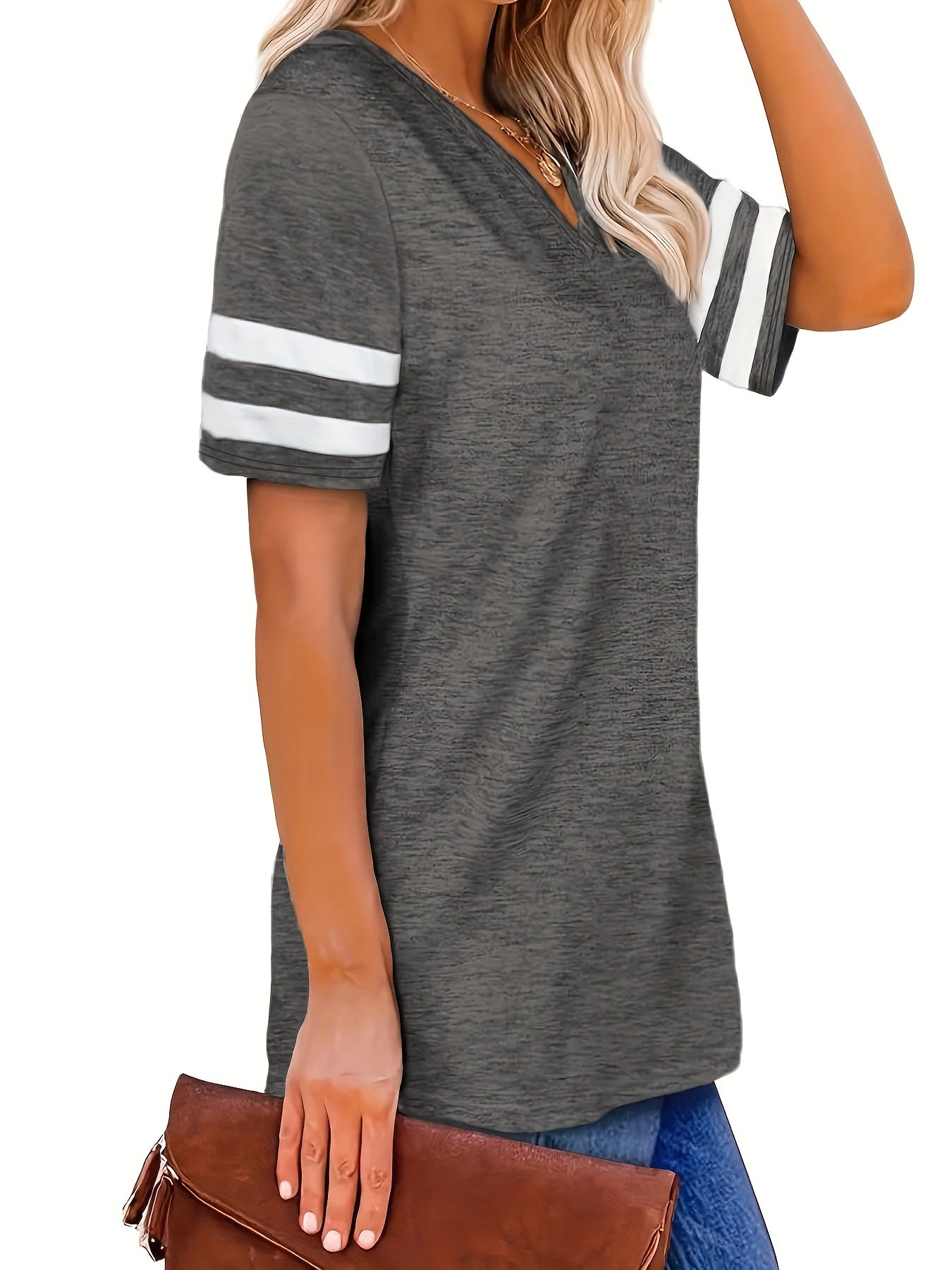 Plus Size Women's V-Neck Short Sleeve T-Shirt - Lightweight Stretchy Summer Tee with Random Print, Loose Casual Fit, Machine Washable, Sizes XL-5XL for Everyday & Office Wear, Versatile Clothing, Striped Print Shirt, Soft Fab