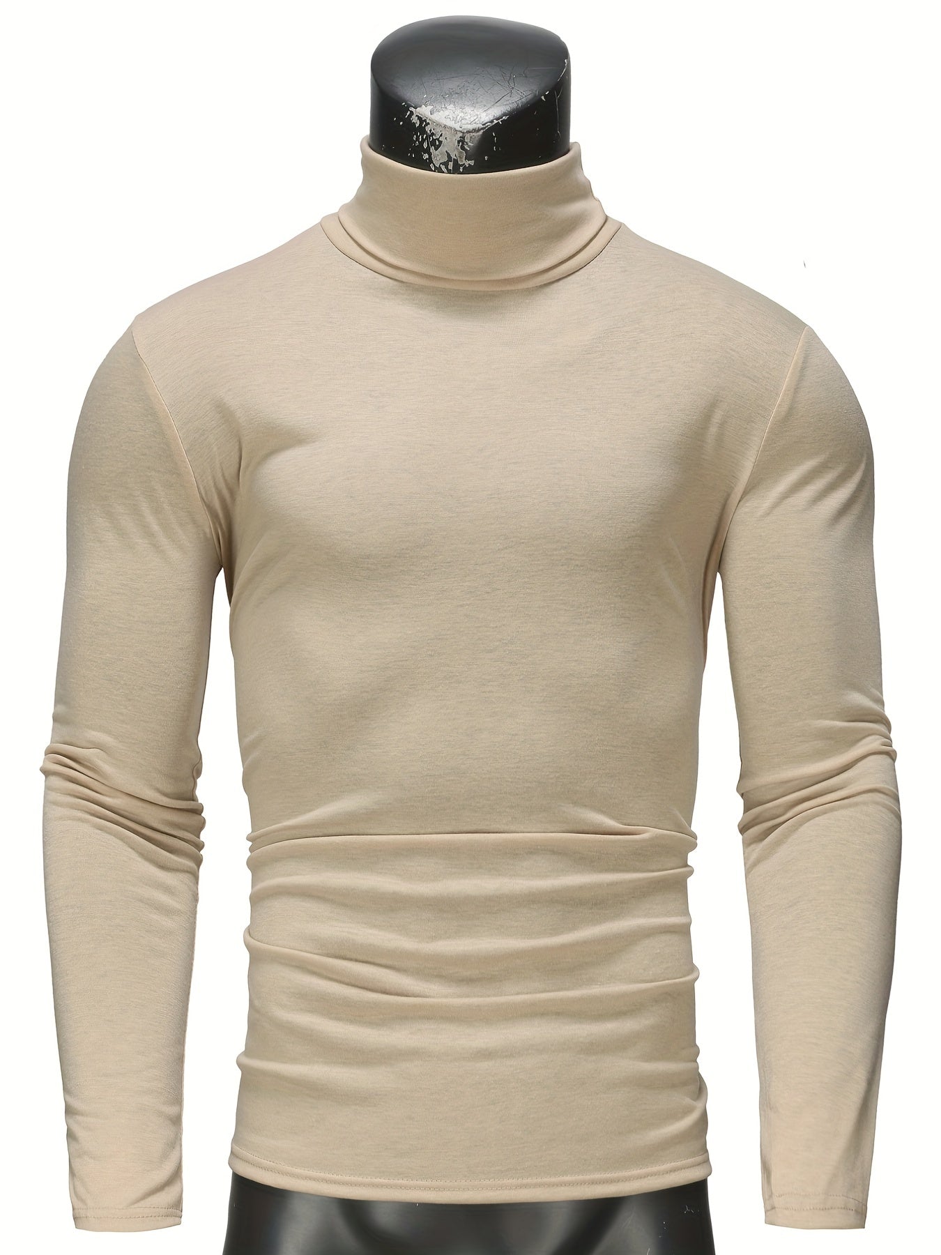 Fashionable White Base Layer Solid Color High Neck Men's Long Sleeve T-Shirt