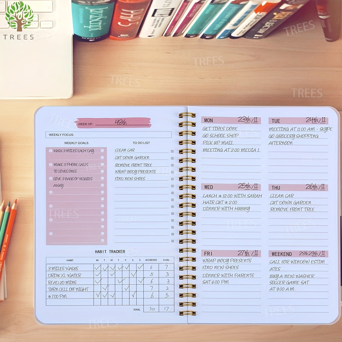 1pc Trees Undated A5 Daily Weekly Notebook Planner | Spiral Bound, 52 Sheets, 21.08*13.97 cm, Pvc Cover, English Language, Ideal For Office And School Use