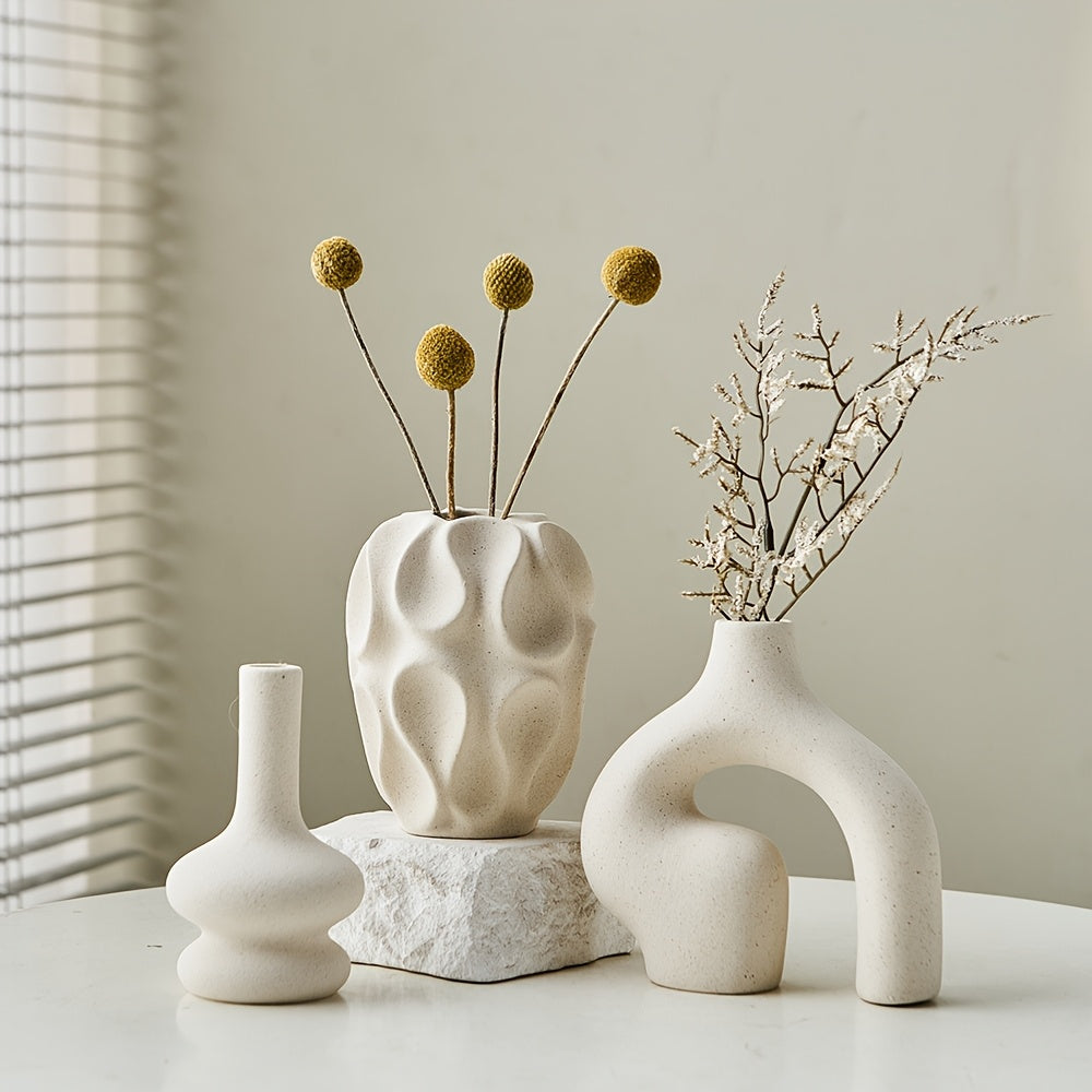3pcs Boho Ceramic Vase Set - Modern Nordic Minimalist Round & Donut Shaped, Geometric Pattern, Ideal for Trendy Home Decor, Living Room, Entryway, Coffee Table - No Battery Required, Decorative Gift