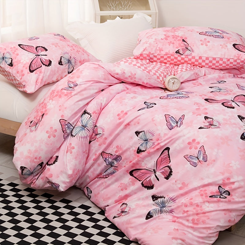 3pcs Fashion Fresh Duvet Cover Set, Butterfly Flower Print Bedding Set, Soft Comfortable Breathable Duvet Cover, For Bedroom Guest Room Decor (1*Duvet Cover + 2*Pillowcase, Without Core)