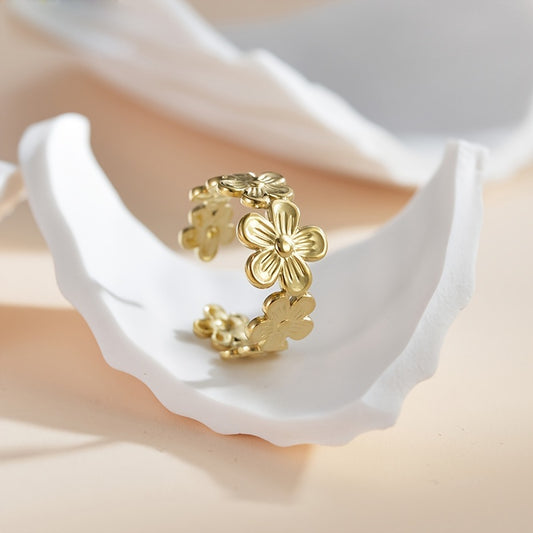 Fashion Stainless Steel Golden Flower Open Ring, Adjustable Rings, Girls Cute Hand Jewelry