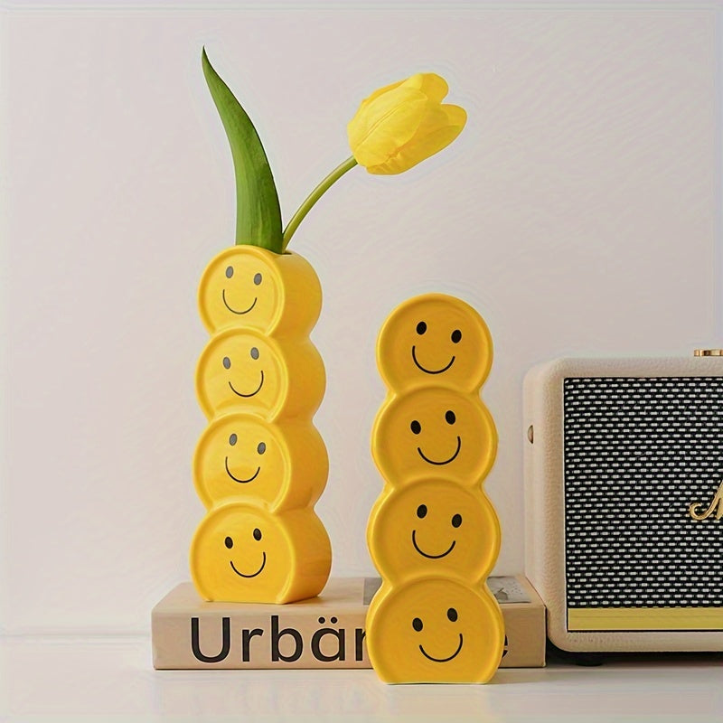 1pc Whimsical Ceramic Happy Face Bud Vase - Art Deco Cartoon Patterned, Round Shape, Boho Chic Centerpiece - Perfect for Wedding, Party, Living Room, Office, Bedroom Decor, Aesthetic Flower Holder, Unique Gift Idea