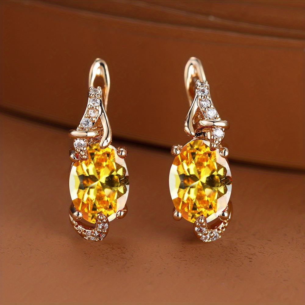 18K Gold Plated Blue Stone Stud Earrings Trendy Women Round Oval Cut White Blue Red Pink Stone Drop Earrings Anniversary Claw Earrings Jewelry