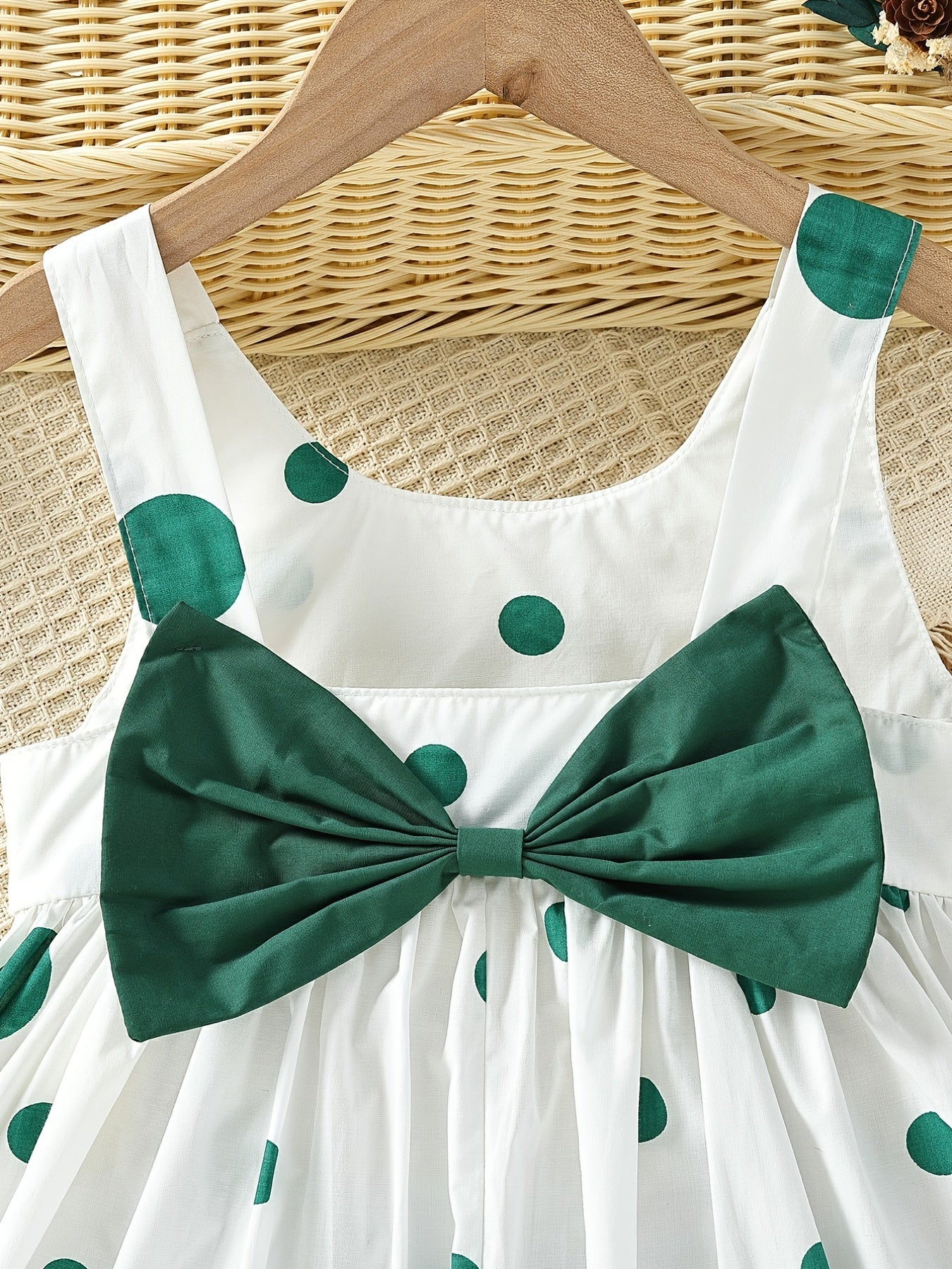 Girls' White Spaghetti Strap Dress with Red Polka Dots And Bow Decoration, a Cute Summer Outfit