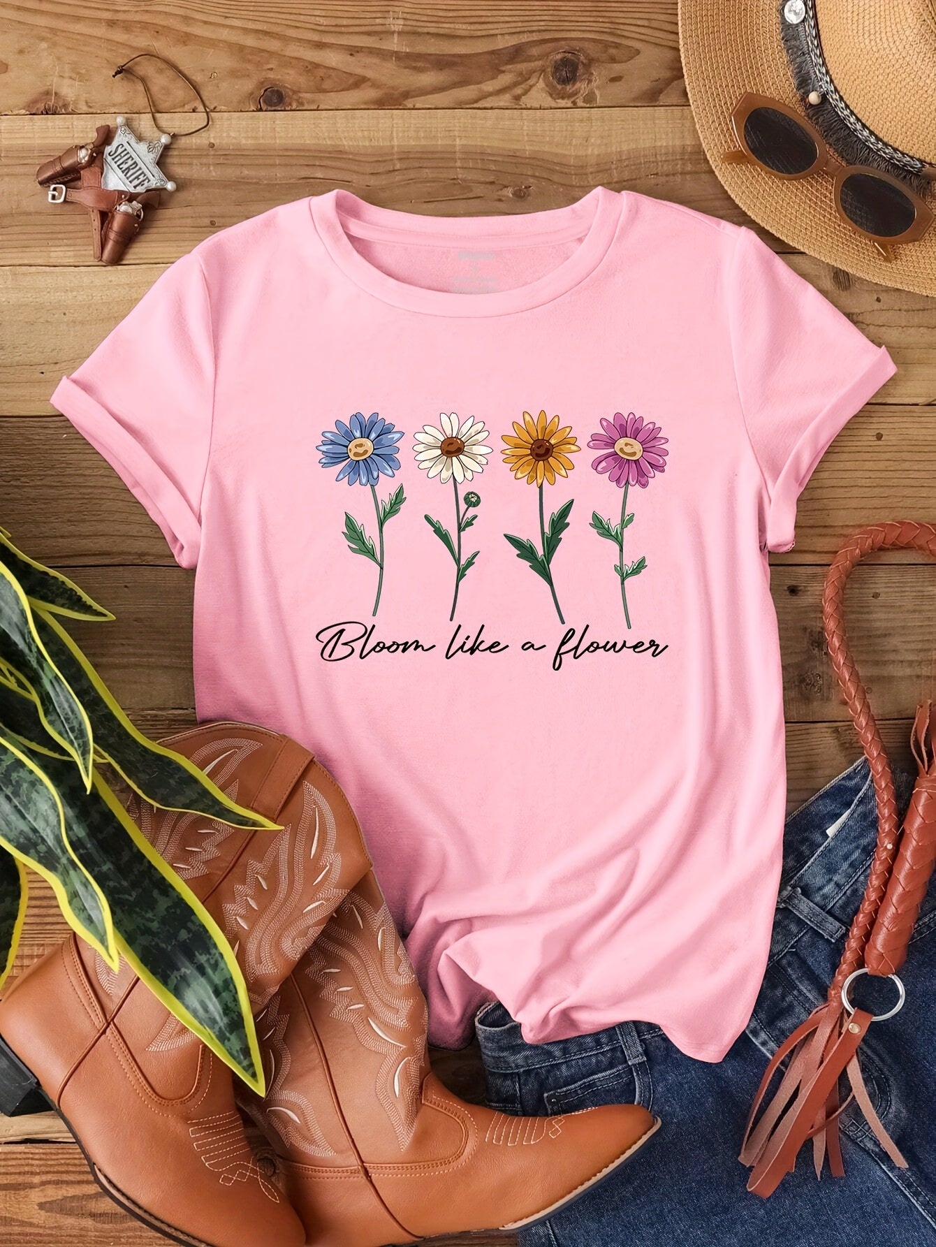 Cute Flower & Letter Print Casual T-shirt, Crew Neck Short Sleeve Top For Spring & Summer, Women's Clothing