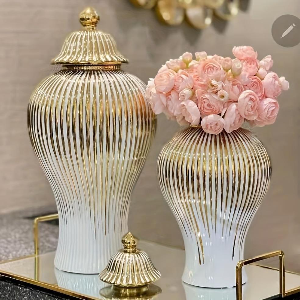 Elegant Ceramic Vase with Gold-Plated Trim - Striped Design for Home Decor, Perfect for Living Room & Entryway