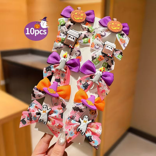 10pcs Girls' Cartoon Halloween Colourful Print Bow Hair Clip Set